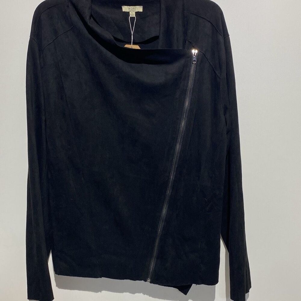 Kori America Womens Black Faux Suede Asymmetrical Zip Moto Jacket Size L NEW